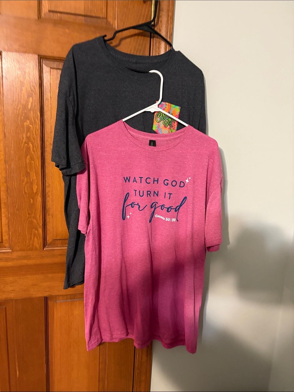 Pink tee Watch God Turn It For Good" and gray tee Cherished Girl about Faith. XL
